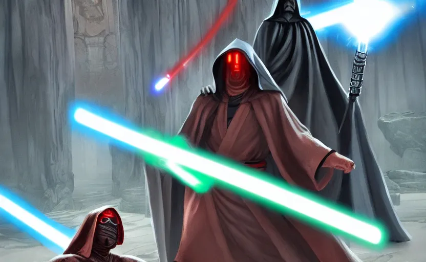 Prompt: epic standoff between a robed Jedi and a Sith, lightsabers in hand, ancient High Republic stone temple environment, high contrast, 8k clean fantasy comic book cover illustration