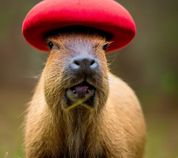 Image similar to a portrait of capybara with a redcap mushroom cap growing on its head by luis royo. intricate. lifelike. soft light. sony a 7 r iv 5 5 mm. cinematic post - processing