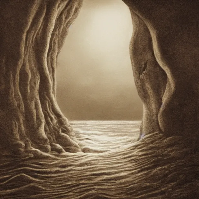 Image similar to photorealistic sepia painting of a jamaican sea cliff with the mouth of a sea cave, dark, brooding, atmospheric, lovecraft