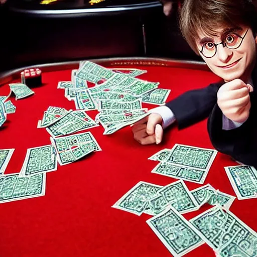 Image similar to Harry Potter in a Casino Gambling with stacks of money at the roulette table, Photograph