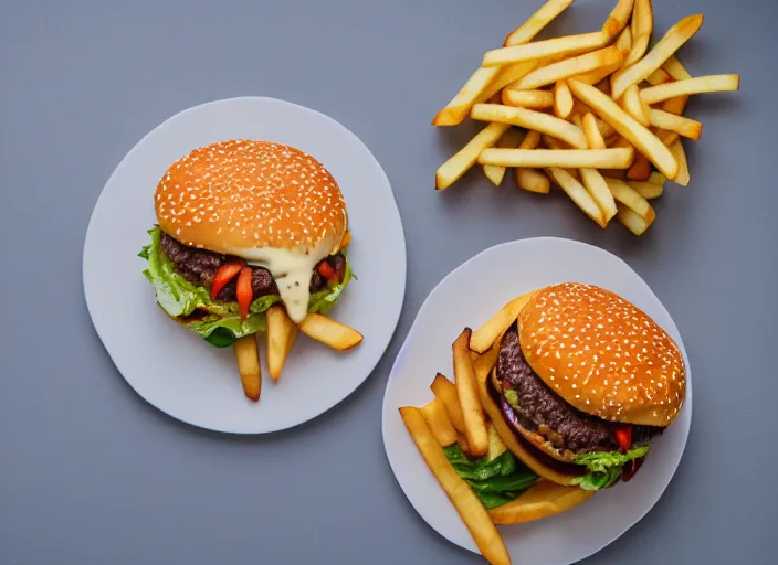 Image similar to dslr food photograph of a double cheeseburger and fries, 8 5 mm f 1. 8