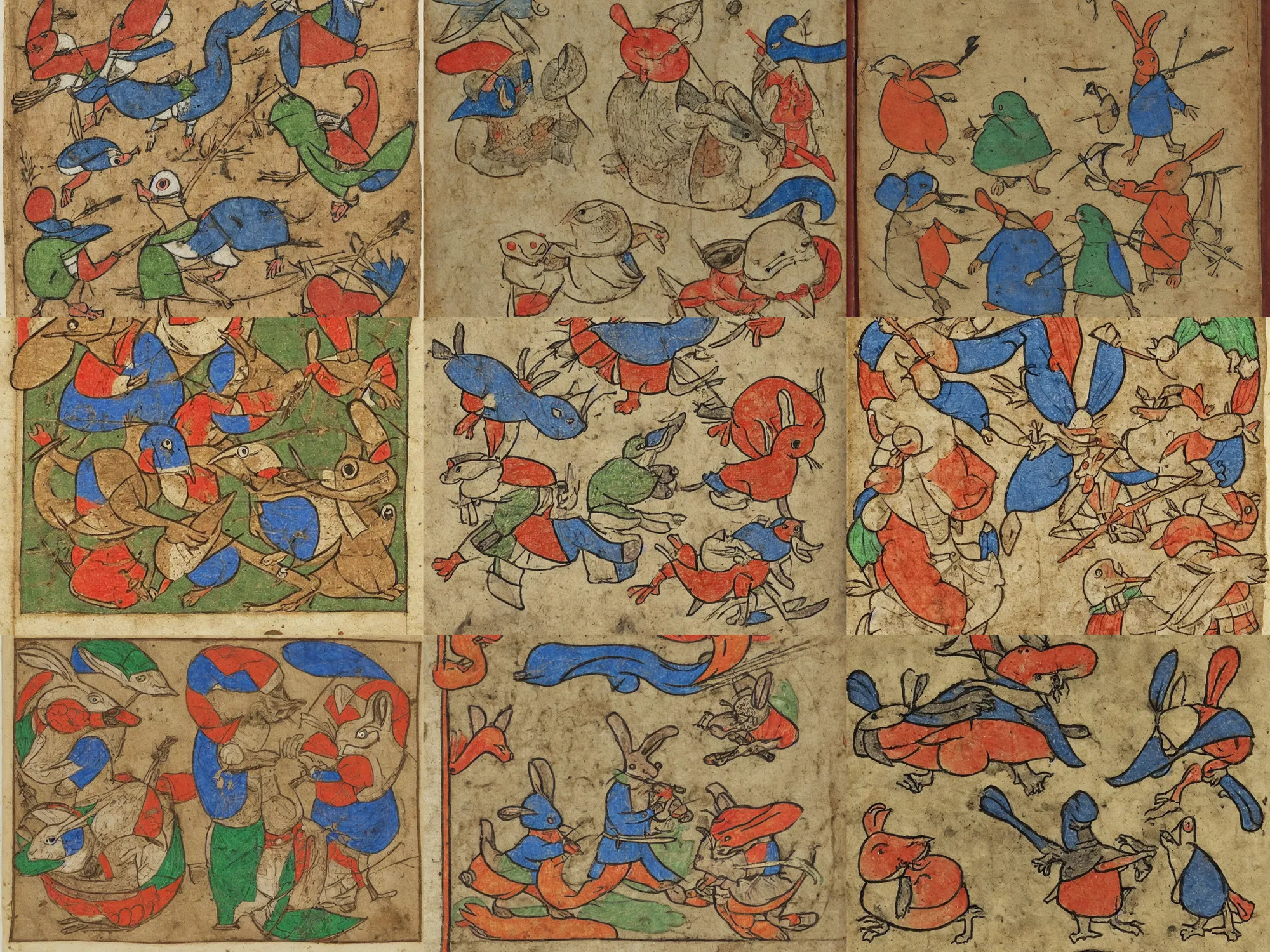 Prompt: rabbit and duck wars, medieval manuscript art