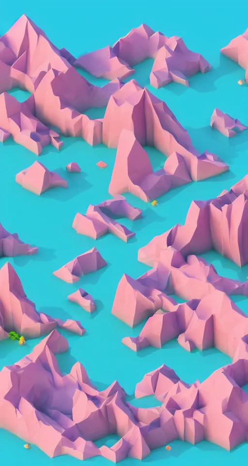 Image similar to matte 3d low poly cherry blossom island, pink waterfalls, isometric perspective on sky background, soft shadows, lat lighting, trending on artstation, 3d render, monument valley, fez video game,