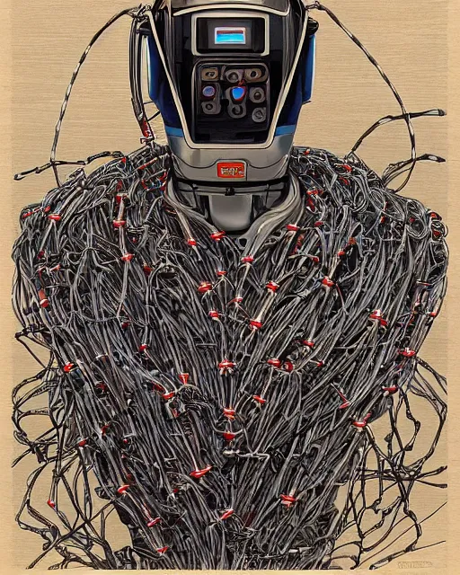 Image similar to Hiroshige portrait of a robot saint made of cables and robotic pod by artgerm