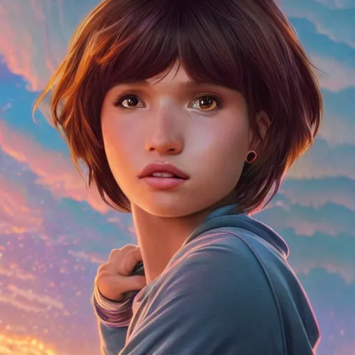 Image similar to ultra realistic illustration, bella thorne as dora the explorer anime, intricate, elegant, highly detailed, digital painting, artstation, concept art, smooth, sharp focus, illustration, art by artgerm and greg rutkowski and alphonse mucha and wlop