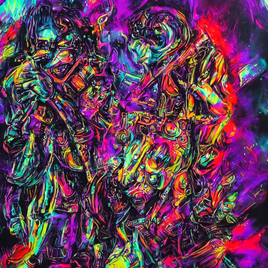 Image similar to psychedelic cyberpunk demon painting, rocking out, headphones DJ Rave