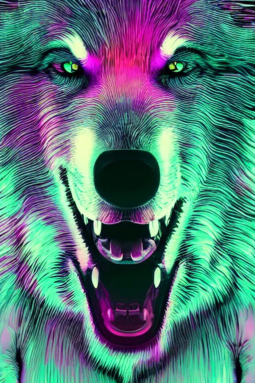 Prompt: psychedelic close-up shot from below of a wolf with style and swagger, clear dark background, object spotlight, octane render, HD, 8k, hyper realism, beautiful color pallet, epic, synthwave art style