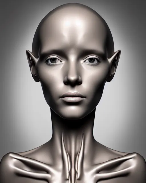 Image similar to 3D render of a beautiful profile face portrait of a young female angelic-extraterrestrial-cyborg face with a very long neck, big clear eyes, thin nose, big lips, hair floating in the wind, 150 mm, flowers, Mandelbrot fractal, anatomical, flesh, facial muscles, veins, arteries, full frame, microscopic, elegant, highly detailed, flesh ornate, elegant, high fashion, rim light, ray trace, octane render in the style of H.R. Giger Realistic, Refined, Digital Art, Pre-Raphaelite, Highly Detailed, Cinematic Lighting, rim light, black and white, photo-realistic Unreal Engine, 8K