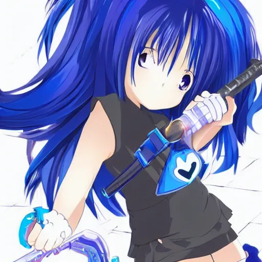 Image similar to an anime girl, holding a giant blue hammer with the logo of a black heart, and the anime girl has blue hair, white and black t - shirt, blue short - pants and she's barefoot without slippers and socks