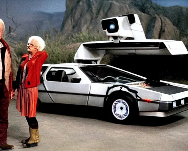 Prompt: doc brown and the delorean in a scene from star trek, the original series