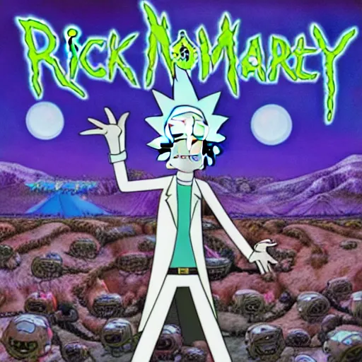 Image similar to rick and morty on a iron maiden album cover 8 k resolution, hyperdetailed, photorealism, extremely high quality