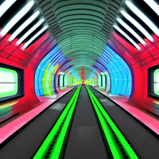 Prompt: underground train station, futuristic, neon colours, highly saturated colours, cross section view, high def, 8 k, hd, realistic, highly detailed,