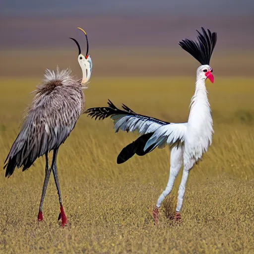 Image similar to secretary bird fighting an ostrich, in a cotton candy field