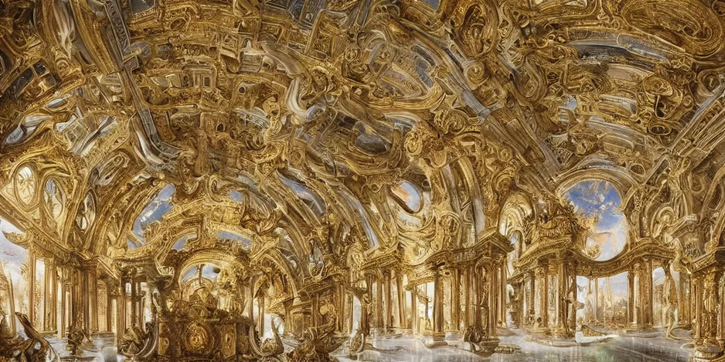 Image similar to beautiful!! ornate heavenly!! marble and gold rococo megastructure in the style of heironymus bosch, asymmetrical extremely intricate masterpiece, hyper detailed, hd