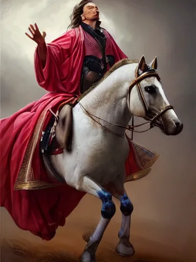 Image similar to a handsome man weaing a silk robe, happy and disarmed, laurels of glory, returns to home triunphantly mounted in a horse. full of pride. victorirous. prideful.. intricate, elegant, highly detailed, digital painting, artstation, concept art, sharp focus, illustration, by justin gerard and artgerm, 8 k