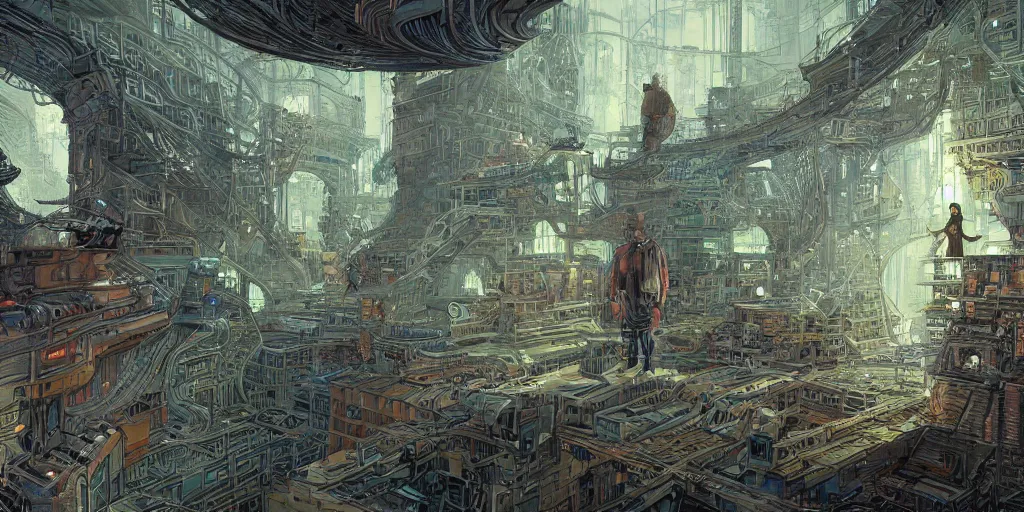 Image similar to incredible concept art of multiple plots and threads interweaving into a holodeck like structure, audience, cinematic, cinema, amazing detail, by moebius and mohrbacher,