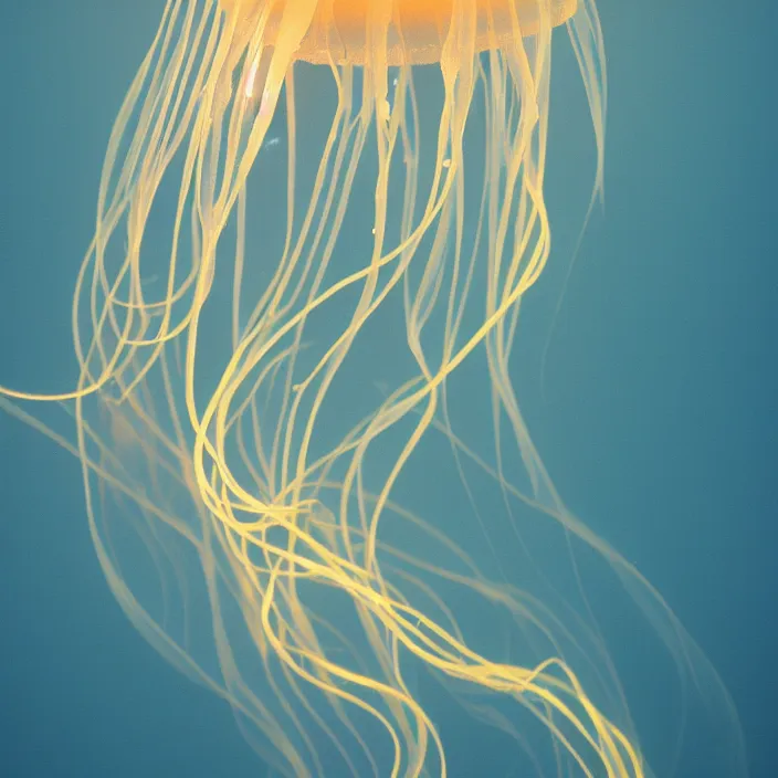 Image similar to luminescent, deep ocean ribbon jellyfish, 3 5 mm photograph