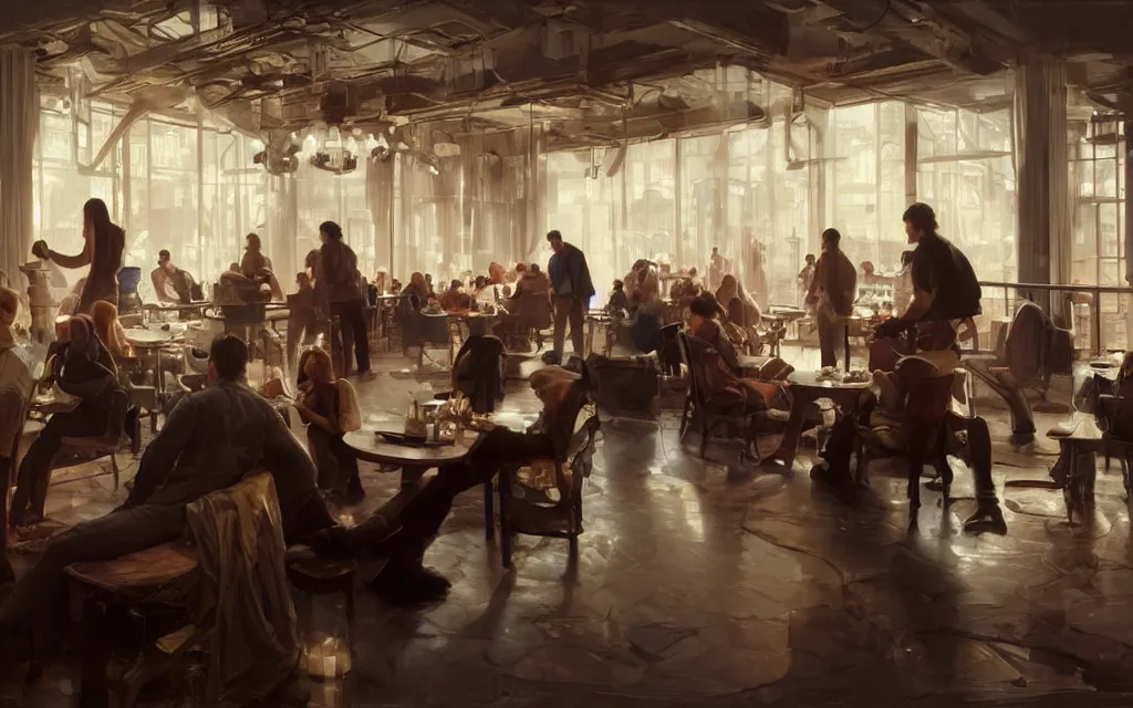 Image similar to epic masterpiece of cinematographic hyperrealism where a lot of people communicating with each other in a large lounge. realistic shaded lighting poster by craig mallismo, artgerm, jeremy lipkin and michael garmash, unreal engine, radiant light, detailed and intricate environment, digital art, art station trends