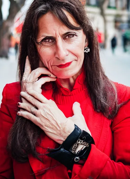 Image similar to color Close-up portrait of a beautiful 40-year-old Italian woman, wearing a red outfit, candid street portrait in the style of Martin Schoeller award winning, Sony a7R