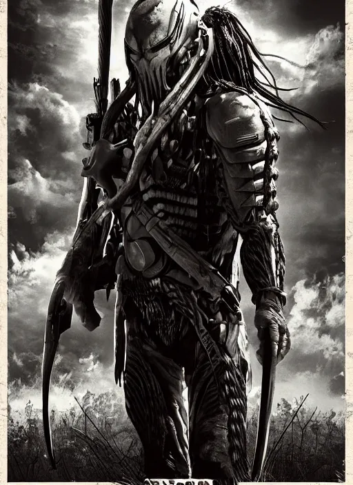 Image similar to movie film poster art for hiroyuki sanada vs predator. in the style of ansel adams, frank frazzetta, realistic, detailed, octane