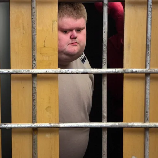 Image similar to fat danish man in a prison cell behind bars, detailed, coherent, dirty