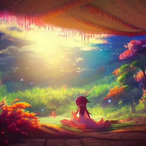 Prompt: a heavenly dream view from the interior of my cozy dream world filled with color from a Makoto Shinkai oil on canvas inspired pixiv dreamy scenery art majestic fantasy scenery fantasy pixiv scenery art inspired by magical fantasy exterior illumination of awe and wonderful magical lantern world