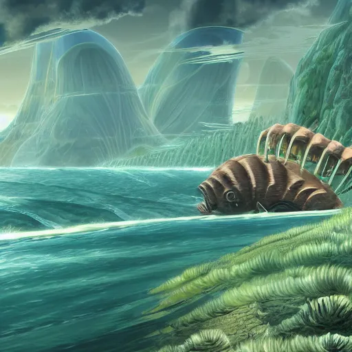 Image similar to concept art painting of cambrian life prehistoric sea creatures, detailed, cel shaded, in the style of makoto shinkai and moebius and james gurney