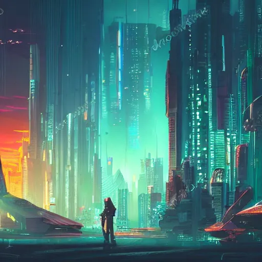 Prompt: Cyberpunk fantasy world with beautiful sunset