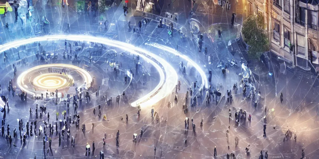 Image similar to policemen protecting a huge spiral - shaped bright white luminous attractor right in the center of the city from protesting people,, rain and light fog, professional lighting, concept art in 3 d, high detail, professional lighting, unreal engine