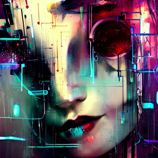 Image similar to beautiful young cyberpunk noir woman vr dreaming of a nightmare glitchcore world of wires, and machines, by jeremy mann, francis bacon and agnes cecile, and dave mckean ink drips, paint smears, digital glitches glitchart