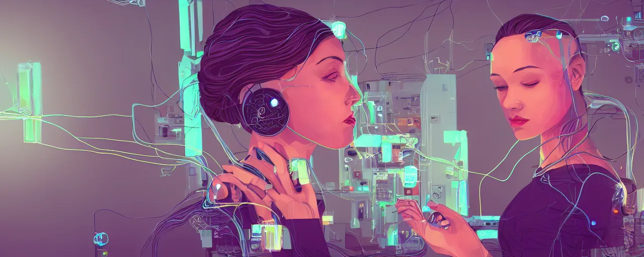 Image similar to A young woman with wires coming out of her head connecting to a computer, 4k wallpaper, digital art, deep colors, trending on arstation, by Victoria Rose, by Josan Gonzalez, by Juan Osorio