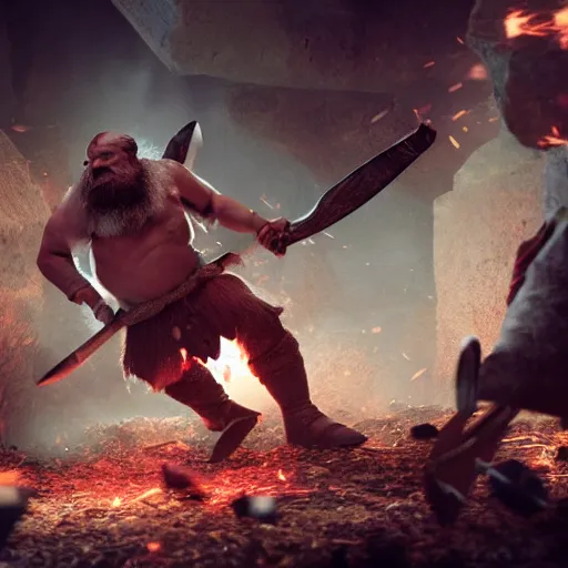 Image similar to a cinematic shot of a dwarf berserker swinging axes, fighting monsters, octane render, hyperreal, 8 k
