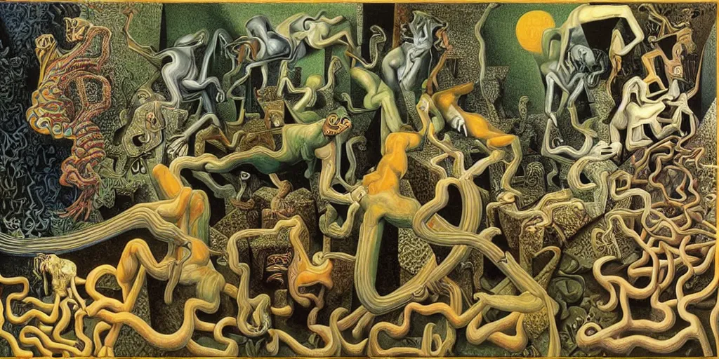 Image similar to basilisk, pain, pleasure, suffering, adventure, love, abstract oil painting by mc escher and salvador dali and raqib shaw