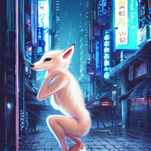 Image similar to white anthropomorphic female vulpes vulpes fulva, eating ramen from a bowl, in the rain by a noodle kiosk, in crowded and wet street of a city, cyberpunk, harsh neon lights, highly detailed, digital painting, trending on artstation, concept art, sharp focus, illustration, art by artgerm and greg rutkowski and magali villeneuve