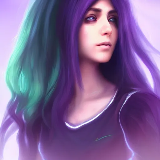 Prompt: portait elissar zakaria khoury, centred, sadness look, long purple hair, hd, unreal engine, final fantasy style amazing green background theme