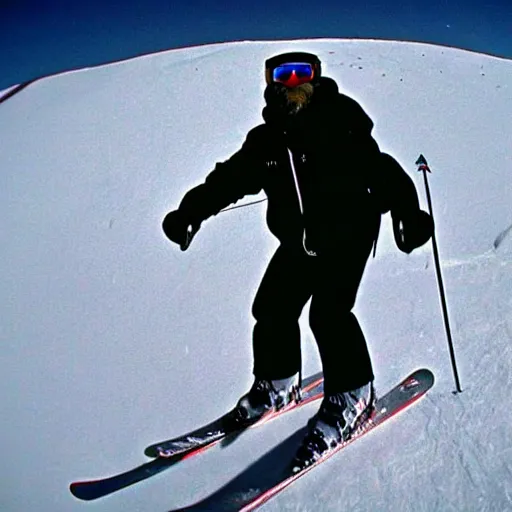 Prompt: GoPro footage of Bigfoot skiing in rad 1990s gear
