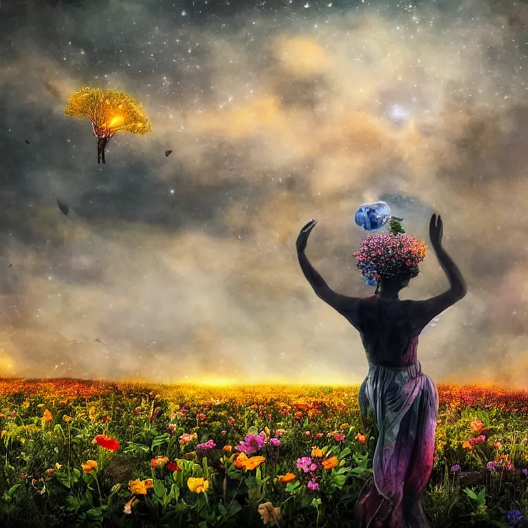 Image similar to a planet of various flowers, fungus and plants, in which the human figure is dressed in something magical and impressive, inside the picture is infinity, sunset light, Atmospheric phenomenon, artistic photography, muted colors, conceptual, long exposure outside the city