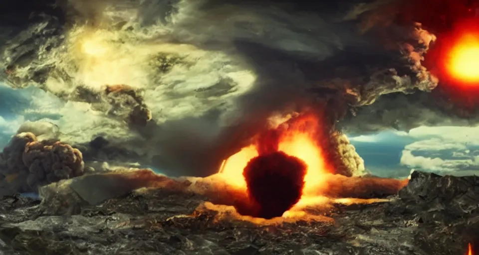 Image similar to nuclear explosion, youtuber points with shocked expression, photorealism