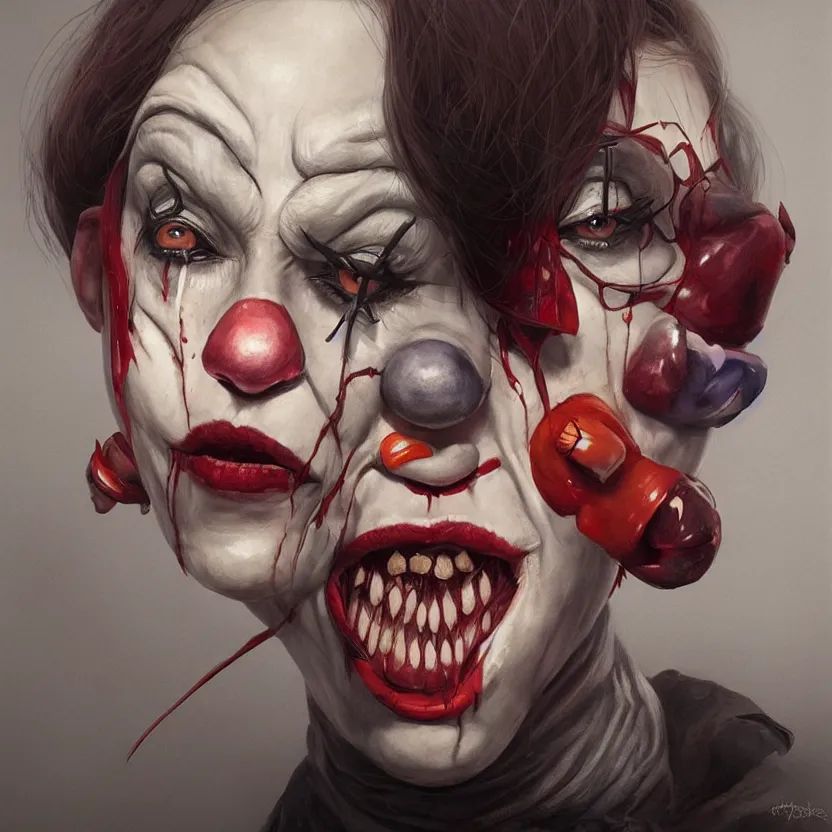 Prompt: hyperrealistic Charlene Gallego as a killer clown from outer space, trending on artstation, portrait, sharp focus, illustration, art by artgerm and greg rutkowski and magali villeneuve