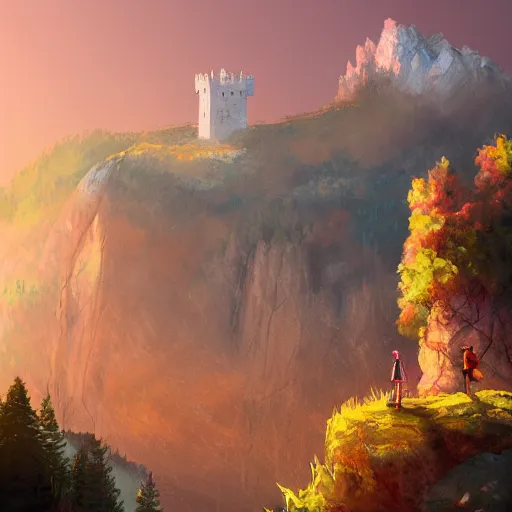 Image similar to a traveler on a mountain overlooking a castle in a valley, game art, digital painting, golden hour,