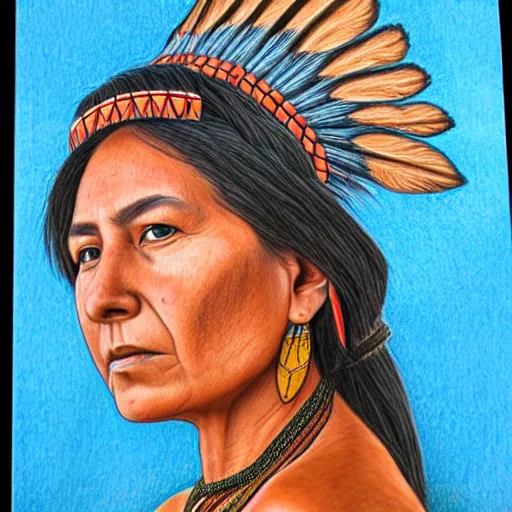 Image similar to a beautiful first nation woman, ultra detailed colored pencil drawing in style bellerose and desjarlais,