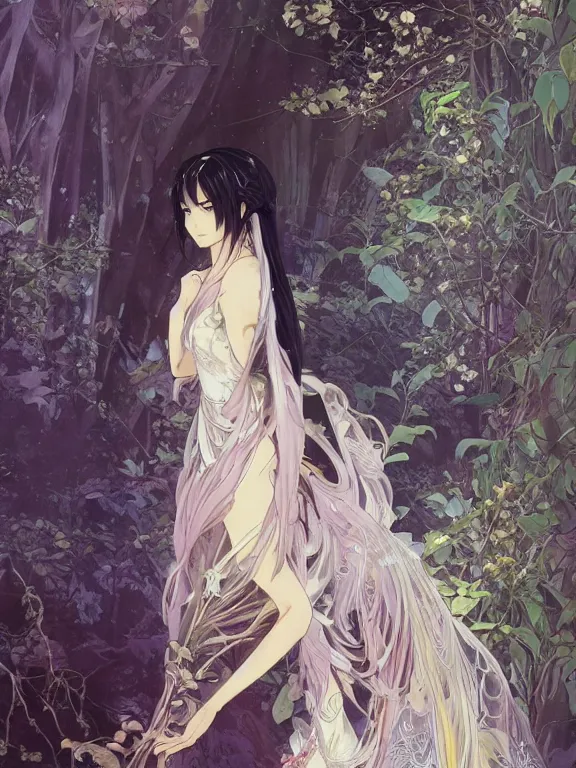 Image similar to anime key visual of leda with her back to the camera wearing a gown designed by monique lhuillier!! intricate, magical forest, stunning, highly detailed, digital painting, artstation, smooth, hard focus, illustration, art by artgerm and greg rutkowski and alphonse mucha