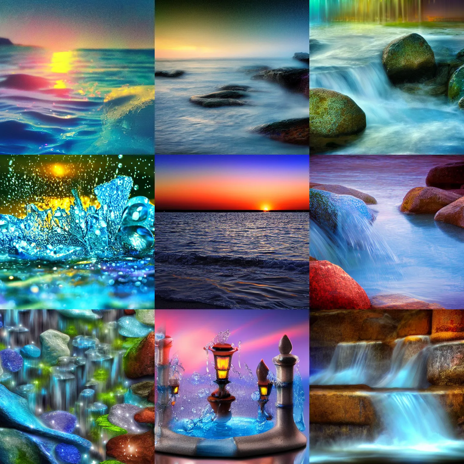 Prompt: closeup fantasy with water magic, at gentle dawn blue light, colorful rough draft