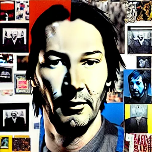 Prompt: portrait of keanu leaves, paper collage, mimmo rotella, kurt schwitters, richard hamilton, joe webb, chambliss giobbi, lynn skordal, derek gores, barbara kruger, jacques villegle.