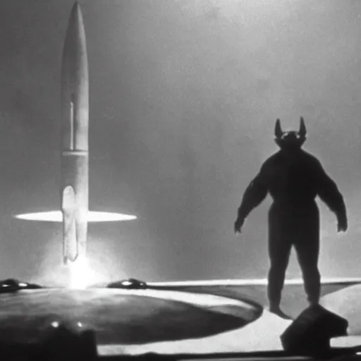 Image similar to Kaiju Starro, fog, Ishirō Honda, vintage movie shot, Orson Welles, fog, night, missile explosions