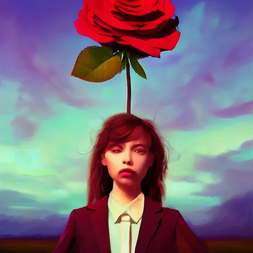 Prompt: closeup, big rose flower head, frontal, girl in a suit, surreal photography, sunrise, blue sky, dramatic light, impressionist painting, digital painting, artstation, simon stalenhag