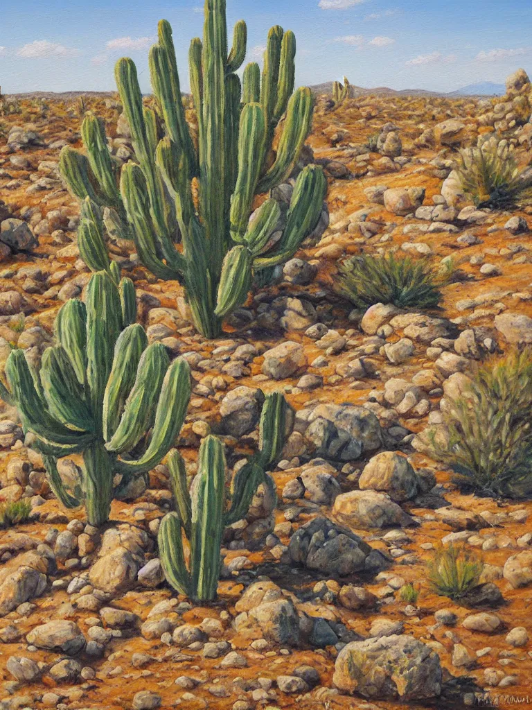 Prompt: beautiful oil painting a large cactus plant and rocks on the desert by Mark Maggiori