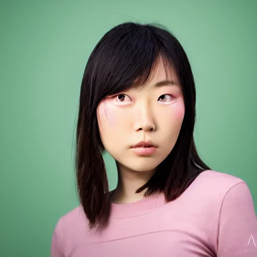 Prompt: hologram front view mug shot of a young beautiful delicate atractive japanese female, digital photography, soft studio lighting, chroma green background