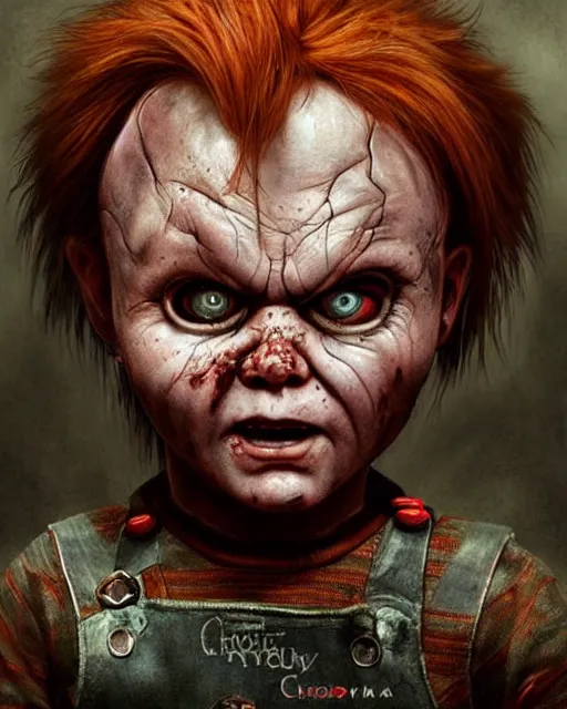 Image similar to chucky, hyper realistic face, horror, fantasy art, in the style of greg rutkowski, intricate, hyper detailed