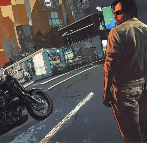 Image similar to Hideo Kojima in GTA 5, cover art by Stephen Bliss, boxart, loading screen